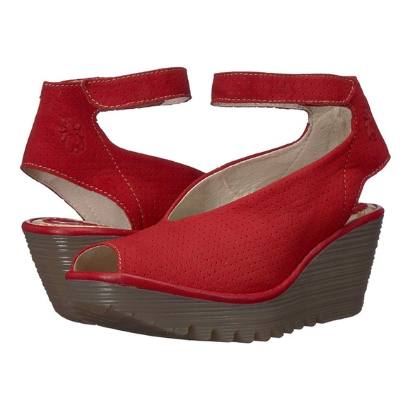 FLY LONDON YALA PERFORATED PEEP TOE SANDALS IN LIPSTICK RED 40 9-9.5 - Picture 1 of 7